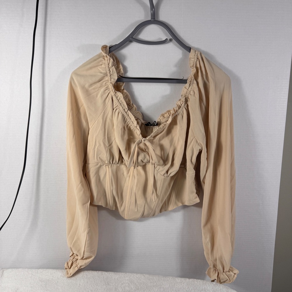 Scarlet Darkness Women's Large Beige Corset Crop Top Long Sleeve Ruffle NWT